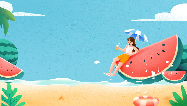 夏日沙滩西瓜插画海报