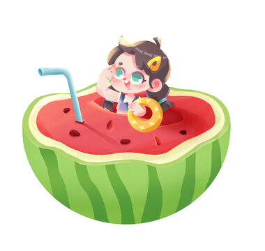 可愛夏日西瓜女孩插畫