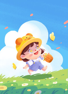 小清新兒童玩耍春天插畫