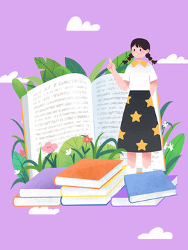 教育學(xué)習(xí)女孩站在書堆中和植物