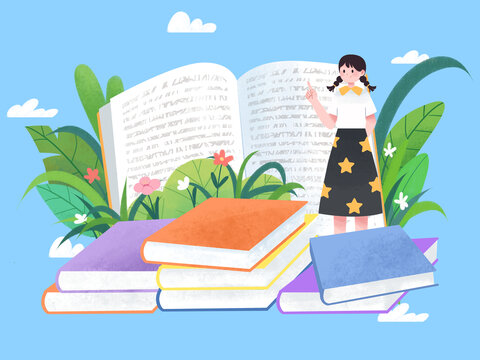 教育學(xué)習(xí)女孩站在書堆中和植物