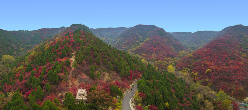 山东济南红叶谷秋天航拍