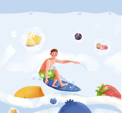 可愛水果沖浪人物插畫