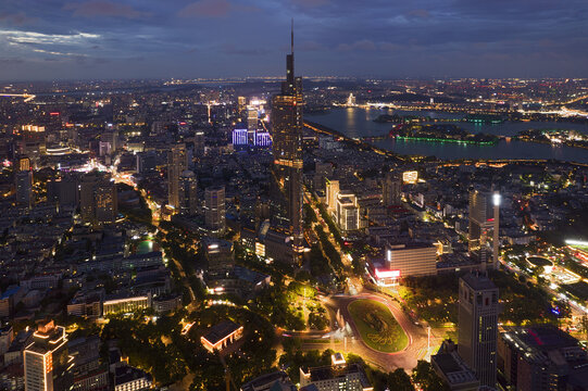 南京紫峰大厦航拍城市风光夜景