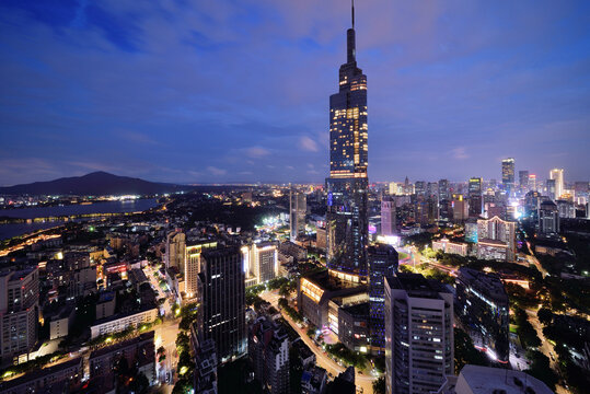 南京紫峰大厦航拍城市风光夜景