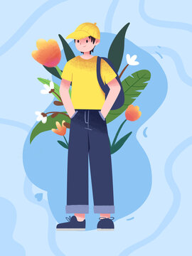 扁平肌理背着包的男孩和植物