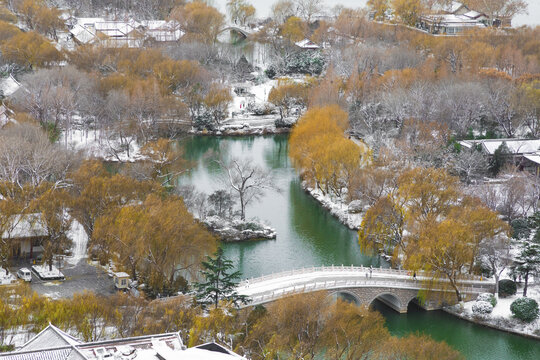 山东济南大明湖航拍雪景