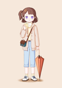 喝奶茶的小女孩插畫