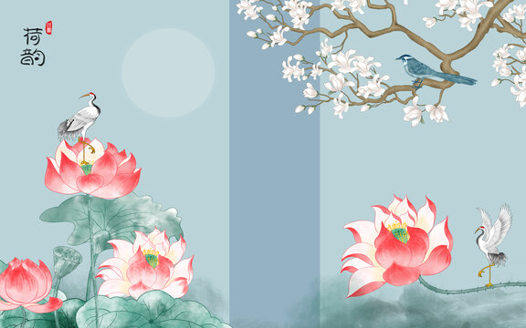 荷花花鳥背景墻