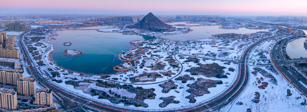 山东济南华山湖全景雪天航拍