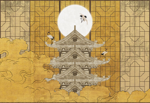 寫意花格建筑祥云背景墻