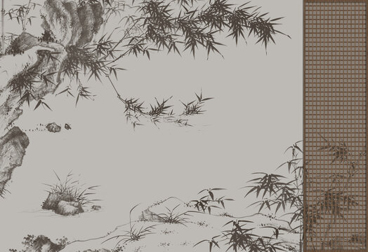 山水竹背景墻壁畫