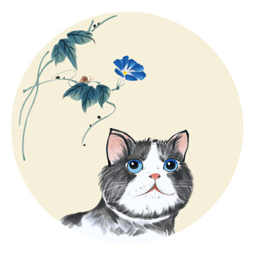 手绘水墨猫咪插画