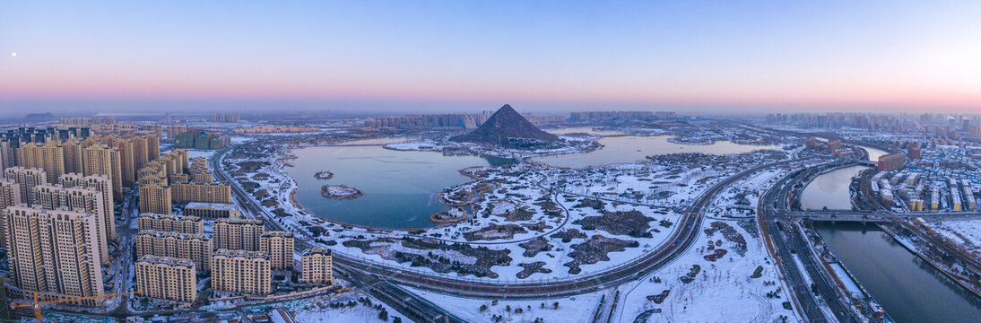 山东济南华山湖全景雪天航拍