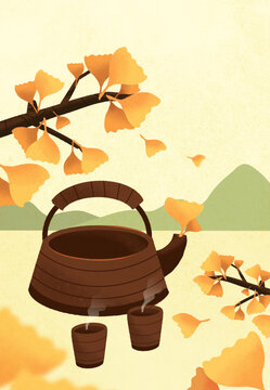 立秋银杏树下喝茶的插画海报