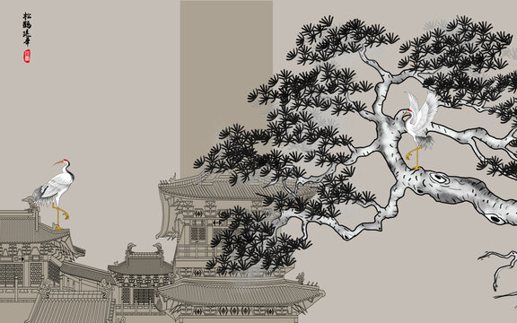 复古迎客松壁画