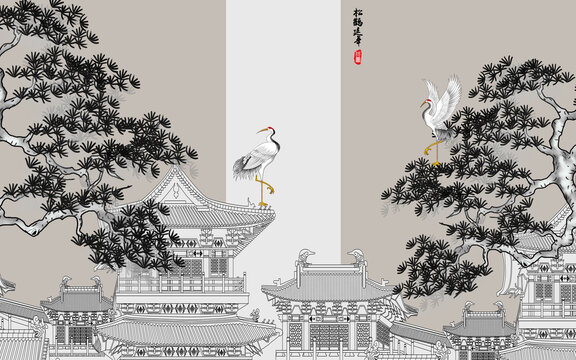 高端古典閣樓迎客松壁畫