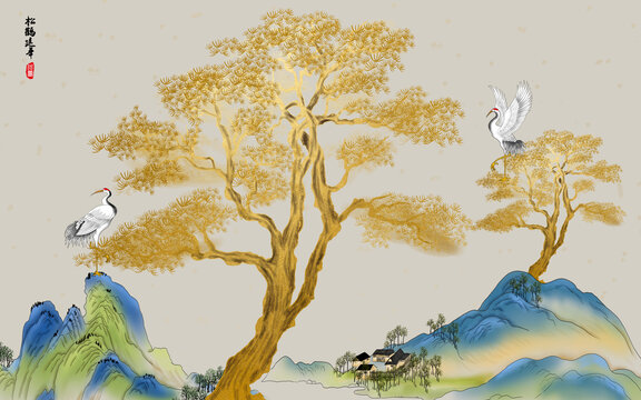 金色迎客松背景墻