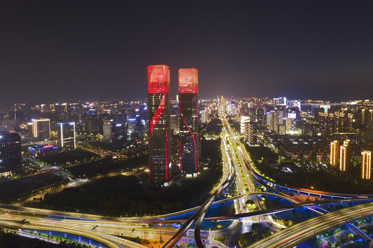 杭州世茂智慧之门航拍风光夜景