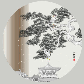 高端迎客松復(fù)古壁畫