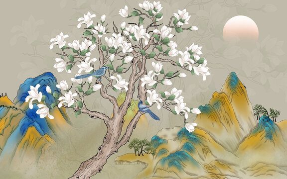 國(guó)潮玉蘭花山水插畫(huà)