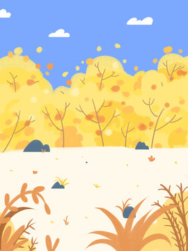 秋天里蓝色天空黄色树林和植物