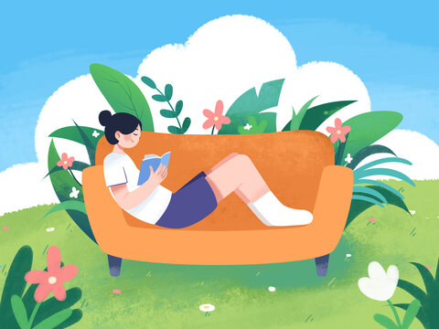 教育讀書女孩躺著沙發(fā)上讀書