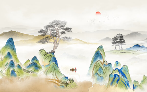 國潮迎客松山水畫