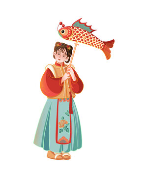 國潮女孩手拿魚燈