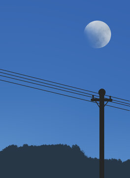 落日山川電線桿