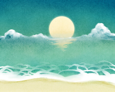 月光云雾海浪沙滩