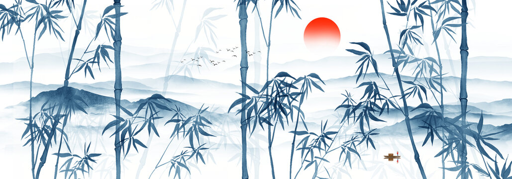 竹林山水背景墻
