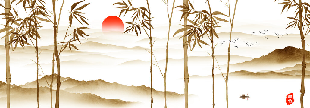 水墨竹子山水裝飾畫