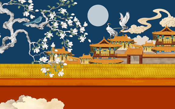 紅墻古建筑閣樓故宮花鳥