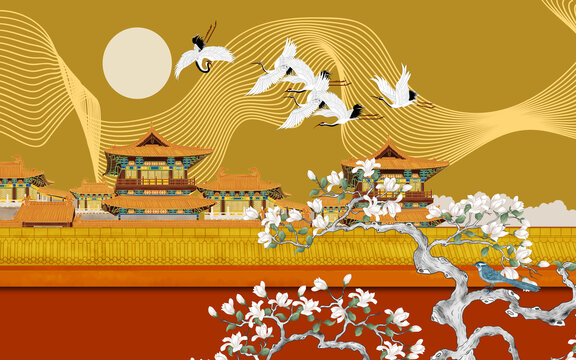 故宮紅墻古建筑花鳥背景墻