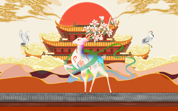 紅墻九色鹿插畫