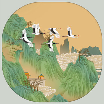 青綠山水畫仙鶴鏡心