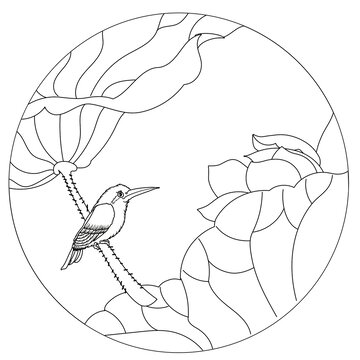 翠鳥荷塘白描線稿國(guó)潮矢量手繪