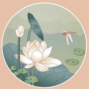 荷塘蜻蜓國(guó)潮彩繪中式矢量手繪