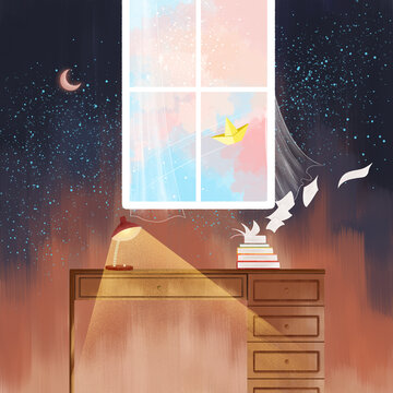 夜晚燈下的書(shū)桌