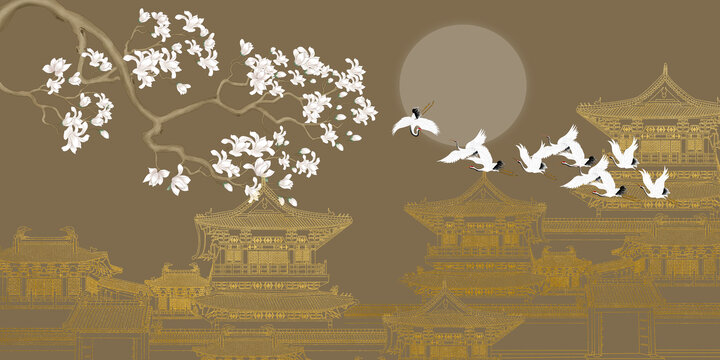 高端刺繡中式線描閣樓