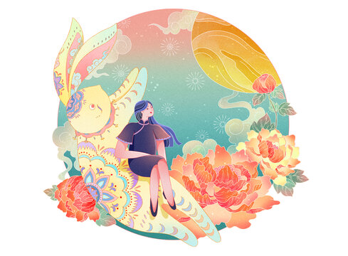 中國(guó)風(fēng)中秋節(jié)兔子奔月插畫(huà)