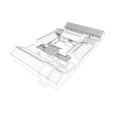四合院轴测线稿图