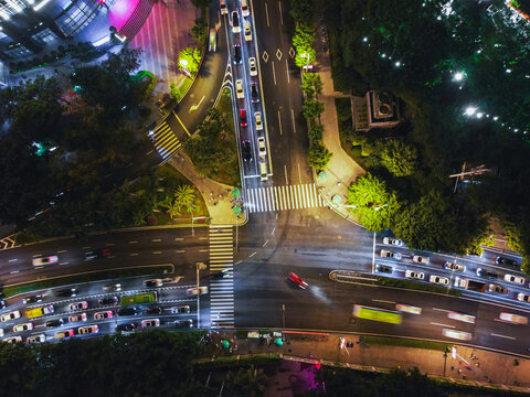 航拍厦门十字路口夜景