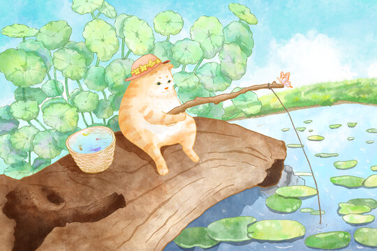 夏日貓咪釣魚