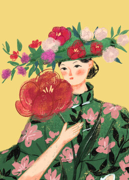 女孩拿花少女插畫(huà)油畫(huà)手繪插圖