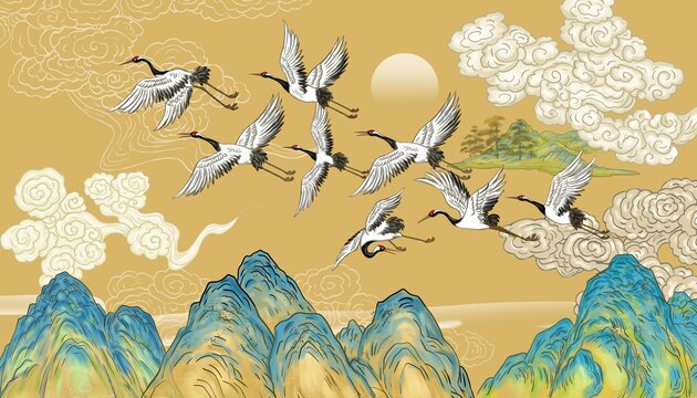 國潮瑞鶴圖背景墻