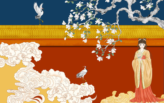 紅墻花鳥古風美女