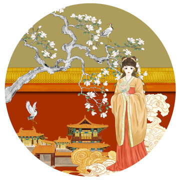紅墻美女插畫