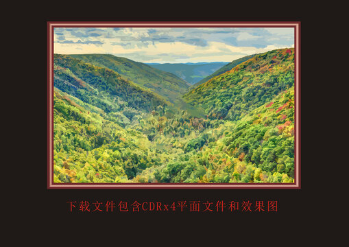 綠色山峰森林樹木矢量油畫